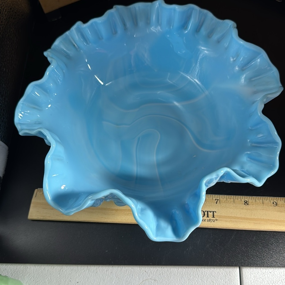 Vintage Fenton Blue Cabbage Rose Slag Glass  Bowl with Ruffled Edge - Picture 5 of 5